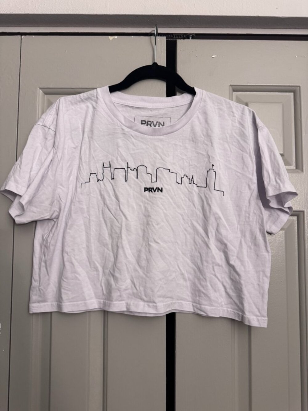 PRVN (Tia Toomey) Cropped Tee | White Skyline Graphic | Size Medium